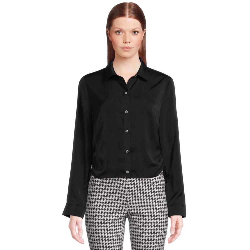 NOBO Women’s Black Cinch‎ Side Satin Long Sleeve Button Up Blouse Shirt Size XL